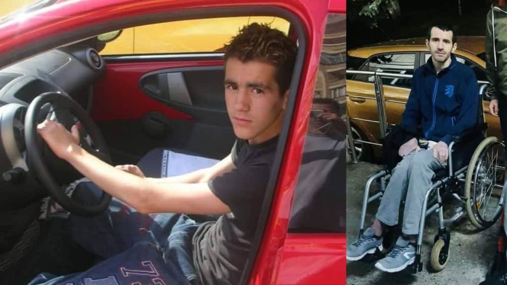 Cristian Ștefănuț, un tânăr de 37 de ani din Jimbolia care suferă de scleroza multiplă, zâmbind în scaunul cu rotile.