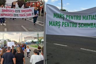Sute de locuitori mărșăluind în tăcere pe străzile din Dumbrăvița, purtând candele și pancarte cu mesaje pentru siguranța rutieră.