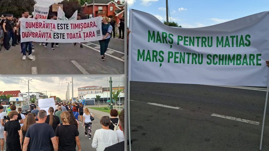 Sute de locuitori mărșăluind în tăcere pe străzile din Dumbrăvița, purtând candele și pancarte cu mesaje pentru siguranța rutieră.
