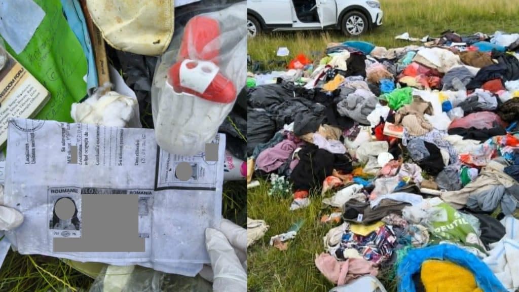 Mormane de saci cu haine vechi și materiale reciclabile abandonate ilegal pe un câmp din cartierul Freidorf, la marginea Timișoarei.