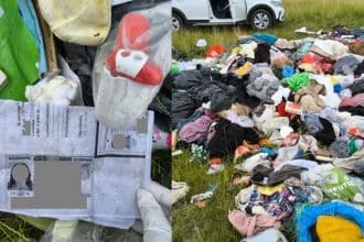 Mormane de saci cu haine vechi și materiale reciclabile abandonate ilegal pe un câmp din cartierul Freidorf, la marginea Timișoarei.