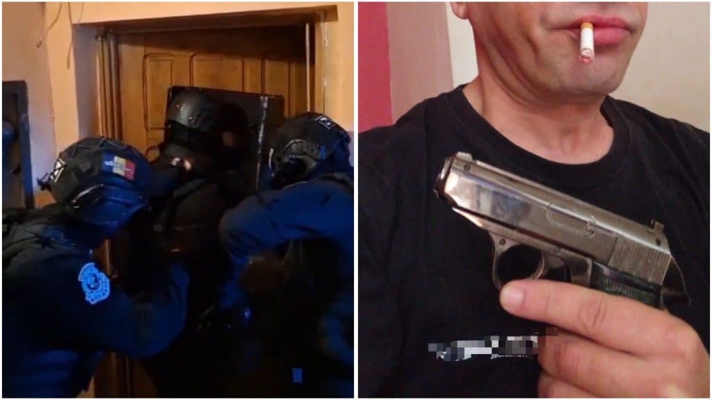 Luptători ai Serviciului pentru Acțiuni Speciale IPJ Hunedoara securizând perimetrul unui bloc în timpul unei percheziții domiciliare.