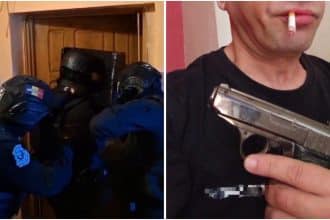 Luptători ai Serviciului pentru Acțiuni Speciale IPJ Hunedoara securizând perimetrul unui bloc în timpul unei percheziții domiciliare.
