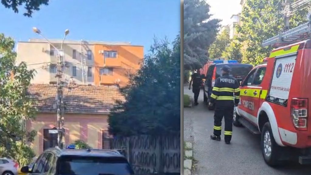Echipaje de pompieri ale ISU Timiș desfășurând o saltea pneumatică la baza unui bloc de pe strada Luceafărului în timpul unei tentative de suicid.
