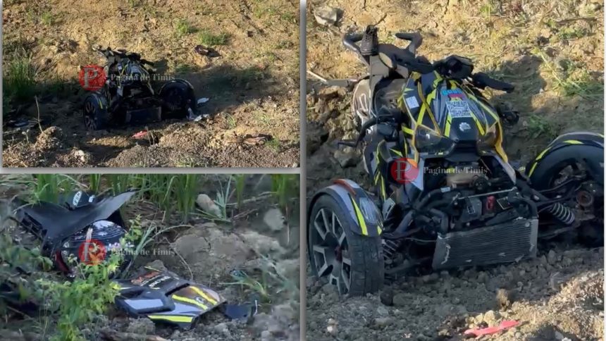 Canal de colectare a apelor de pe marginea străzii Păltiniș din Moșnița, unde un triciclu condus fără permis de o tânără a derapat într-o curbă.