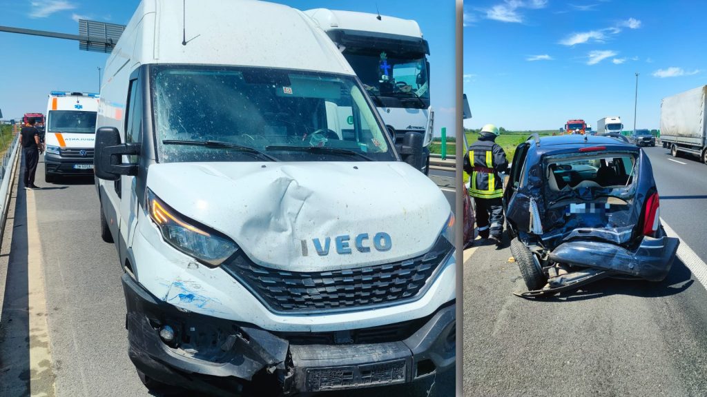 Autoutilitară și autoturism avariate pe banda de urgență a Autostrăzii A1, la kilometrul 460, în apropierea localității Belinț, județul Timiș.