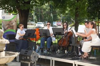 Instrumentiști ai Filarmonicii Banatul susținând un concert de muzică clasică în aer liber pentru pacienții și medicii Spitalului Victor Babeș din Timișoara.