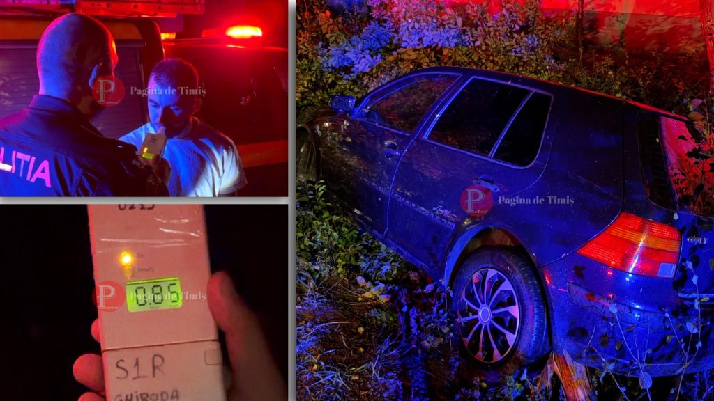 Autoturism răsturnat într-un șanț adânc de pe marginea Străzii Mari din Moșnița Veche în urma unui accident provocat de un șofer băut.