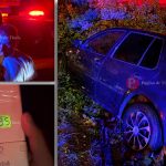 Autoturism răsturnat într-un șanț adânc de pe marginea Străzii Mari din Moșnița Veche în urma unui accident provocat de un șofer băut.