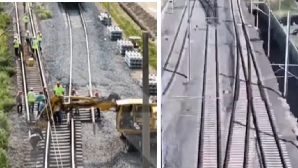 Echipe de muncitori și utilaje grele lucrând la refacerea fundației căii ferate și montarea șinelor noi pe tronsonul Lugoj – Timișoara Est.