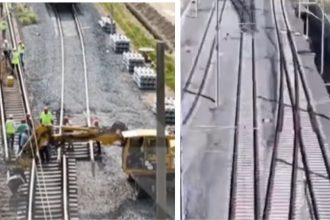 Echipe de muncitori și utilaje grele lucrând la refacerea fundației căii ferate și montarea șinelor noi pe tronsonul Lugoj – Timișoara Est.