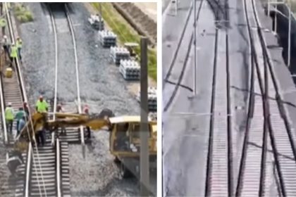 Echipe de muncitori și utilaje grele lucrând la refacerea fundației căii ferate și montarea șinelor noi pe tronsonul Lugoj – Timișoara Est.