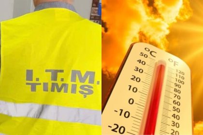 Muncitori în construcții pe un șantier din Timișoara primind apă potabilă în timpul unei zile cu temperaturi de peste 37 de grade.