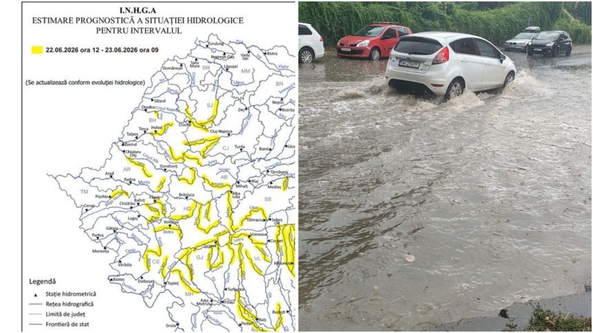 Viitură pe un curs de apă mic din bazinul hidrografic Bega, în județul Timiș, în urma ploilor torențiale și a furtunilor recente.