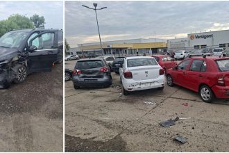 Vehicule distruse și proiectate în afara carosabilului pe DN6, în Sânnicolau Mare, în urma unui accident provocat de o depășire nereușită.