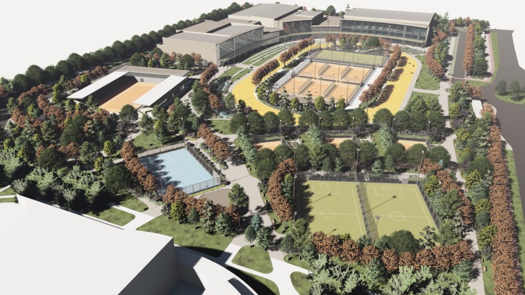 Randare tridimensională a complexului sportiv Timiș 4 all de lângă Giroc, cu o înălțime de 19 metri, adăpostind patinoar și bazin semi-olimpic.