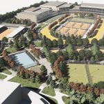 Randare tridimensională a complexului sportiv Timiș 4 all de lângă Giroc, cu o înălțime de 19 metri, adăpostind patinoar și bazin semi-olimpic.