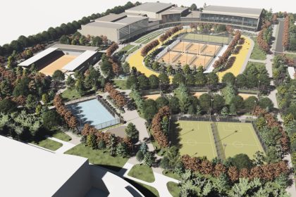 Randare tridimensională a complexului sportiv Timiș 4 all de lângă Giroc, cu o înălțime de 19 metri, adăpostind patinoar și bazin semi-olimpic.