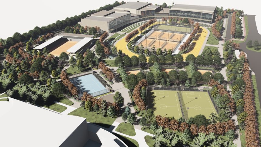 Randare tridimensională a complexului sportiv Timiș 4 all de lângă Giroc, cu o înălțime de 19 metri, adăpostind patinoar și bazin semi-olimpic.