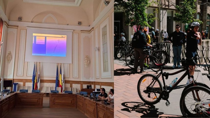 Bicicliști tranzitând zona centrală a Timișoarei, în contextul solicitărilor Asociației Pedallez pentru crearea de piste moderne paralele cu Inelul 1.