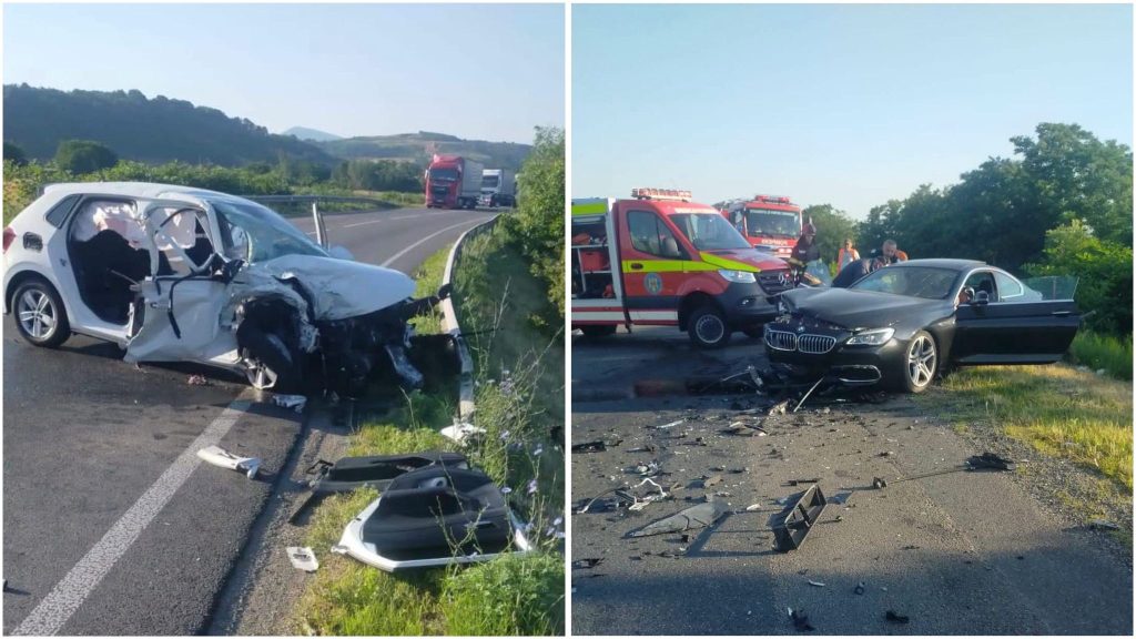 Două autoturisme distruse în totalitate în urma unei coliziuni frontale violente pe drumul național DN6, în zona localității Slatina-Timiș.