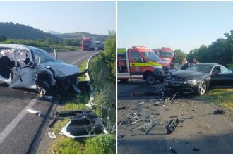 Două autoturisme distruse în totalitate în urma unei coliziuni frontale violente pe drumul național DN6, în zona localității Slatina-Timiș.