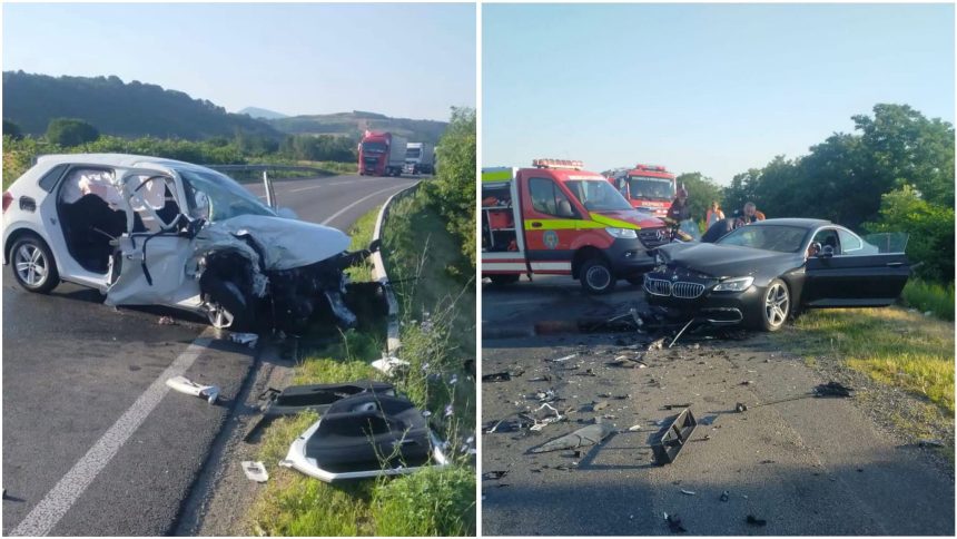 Două autoturisme distruse în totalitate în urma unei coliziuni frontale violente pe drumul național DN6, în zona localității Slatina-Timiș.