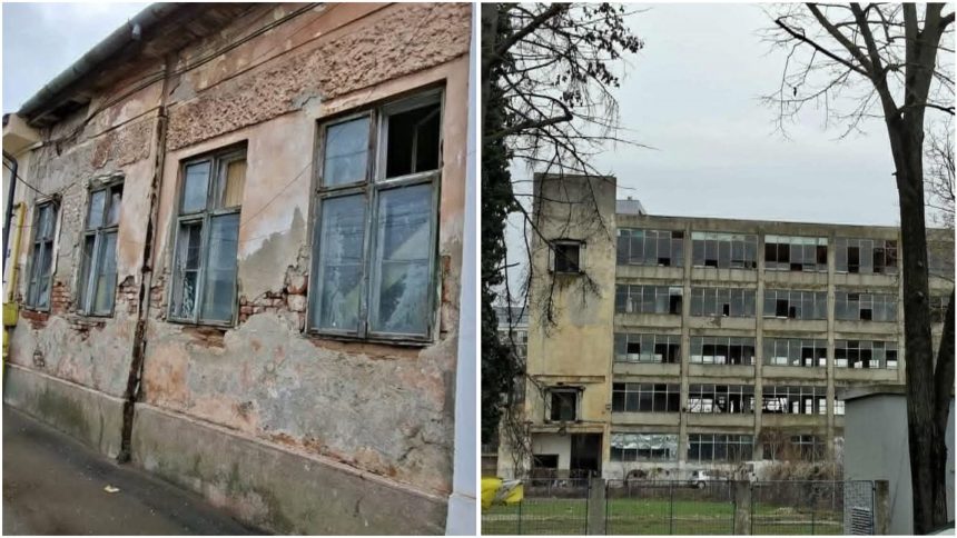 Fațadă degradată a unui imobil istoric din Timișoara, cu plase de protecție montate pentru a preveni căderea tencuielii peste pietoni.