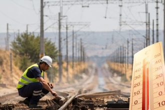 Linii de cale ferată în bătaia directă a soarelui, unde temperaturile la nivelul șinei pot atinge 80°C pe timp de caniculă intensă.