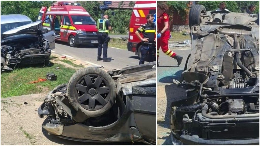 Autoturism răsturnat pe plafon, cu roțile în sus, în urma unui impact violent în localitatea Șiria din județul Arad, în timpul intervenției de descarcerare.