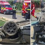 Autoturism răsturnat pe plafon, cu roțile în sus, în urma unui impact violent în localitatea Șiria din județul Arad, în timpul intervenției de descarcerare.