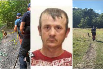 Echipe mixte formate din salvamontiști, jandarmi și câini de urmă desfășurând operațiuni de căutare în zona împădurită Răcăștie din Hunedoara.