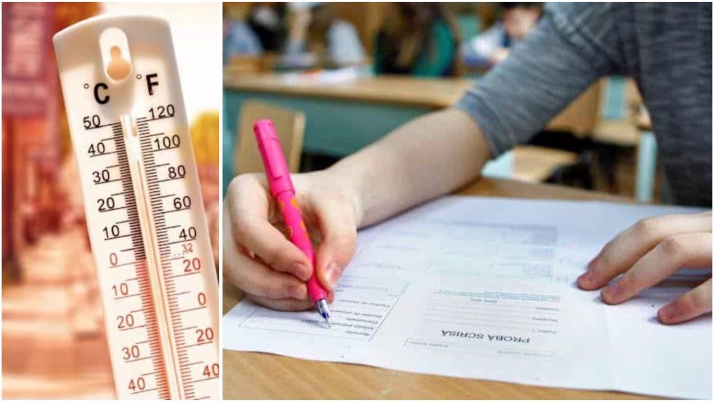 Sală de clasă goală dintr-un liceu, pregătită pentru examenul de Bacalaureat, în contextul deciziei de amânare a probelor din cauza caniculei.