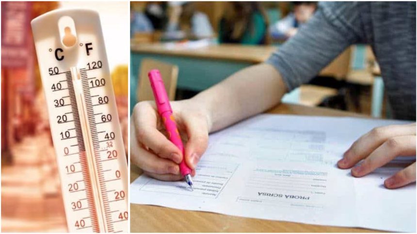 Sală de clasă goală dintr-un liceu, pregătită pentru examenul de Bacalaureat, în contextul deciziei de amânare a probelor din cauza caniculei.