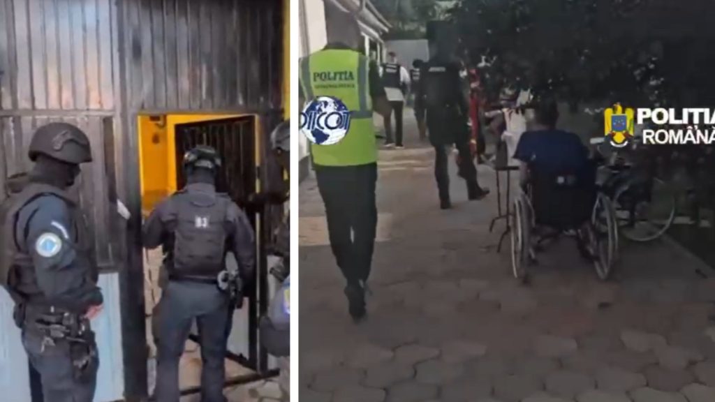 Mascați și polițiști în fața unui centru de îngrijire din județul Bihor, în timpul perchezițiilor DIICOT din dosarul de exploatare.