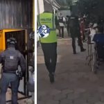 Mascați și polițiști în fața unui centru de îngrijire din județul Bihor, în timpul perchezițiilor DIICOT din dosarul de exploatare.