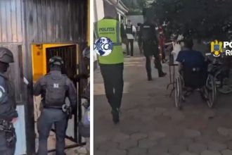 Mascați și polițiști în fața unui centru de îngrijire din județul Bihor, în timpul perchezițiilor DIICOT din dosarul de exploatare.