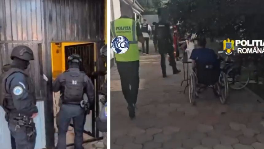Mascați și polițiști în fața unui centru de îngrijire din județul Bihor, în timpul perchezițiilor DIICOT din dosarul de exploatare.