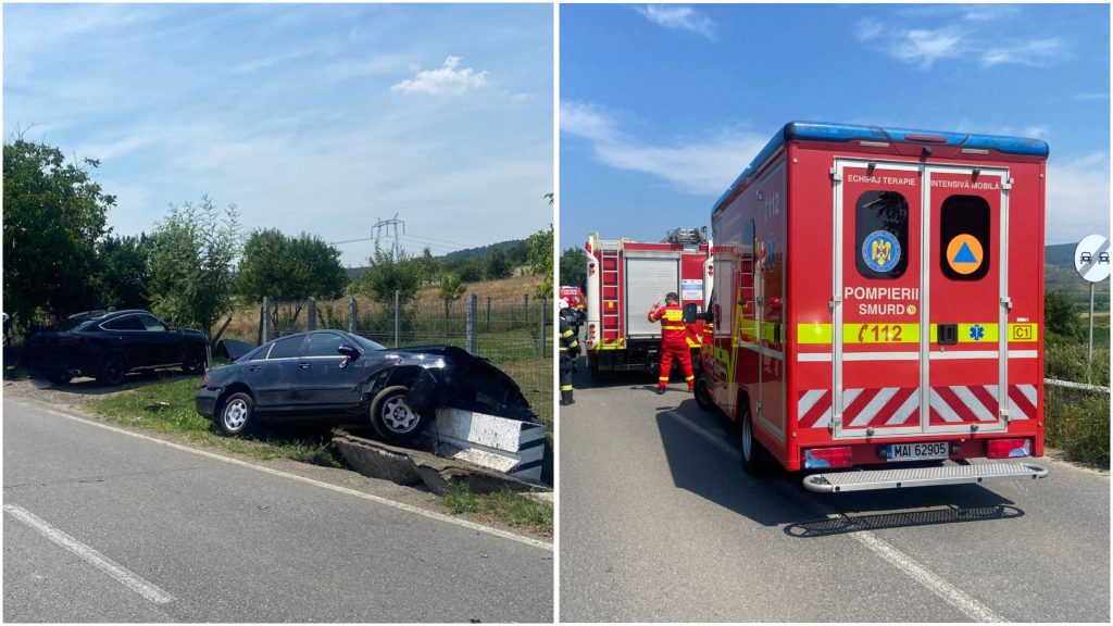 Pompierii de la descarcerare și ambulanțele SMURD intervenind la locul accidentului dintre cele două mașini în localitatea Bârsău.