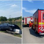 Pompierii de la descarcerare și ambulanțele SMURD intervenind la locul accidentului dintre cele două mașini în localitatea Bârsău.