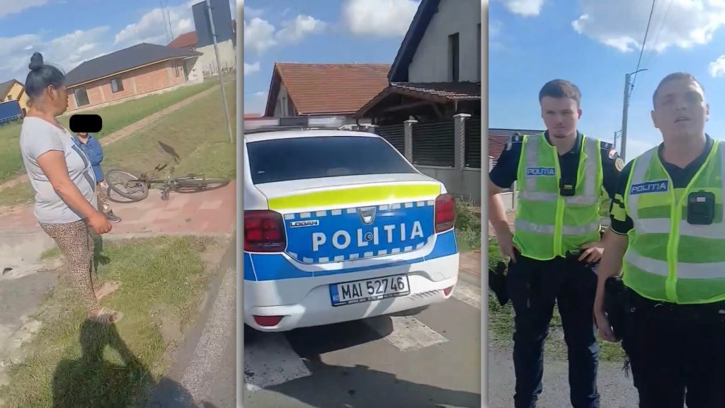 Autospecială a Inspectoratului de Poliție Județean Timiș parcată la locul unui accident rutier pentru efectuarea cercetărilor de la fața locului.
