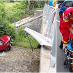 Mașină ajunsă în râu după ce a rupt parapetul unui pod la intrarea în Petroșani. O femeie de 49 de ani și fiica ei de 15 ani au fost rănite în accident.