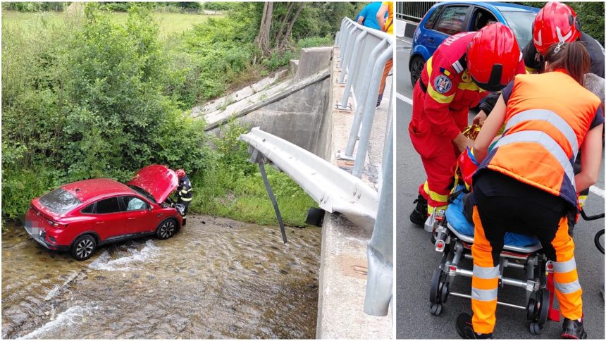 Mașină ajunsă în râu după ce a rupt parapetul unui pod la intrarea în Petroșani. O femeie de 49 de ani și fiica ei de 15 ani au fost rănite în accident.