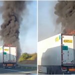 Remorca unui TIR cuprinsă de flăcări pe autostrada A1 Arad–Timișoara, cu un nor gros de fum deasupra șoselei