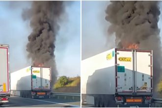 Remorca unui TIR cuprinsă de flăcări pe autostrada A1 Arad–Timișoara, cu un nor gros de fum deasupra șoselei