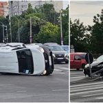 Mașină răsturnată în urma unui accident în Timișoara, în care doi șoferi au fost răniți