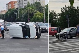 Mașină răsturnată în urma unui accident în Timișoara, în care doi șoferi au fost răniți