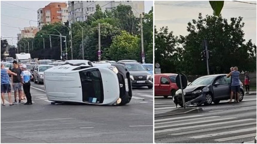 Mașină răsturnată în urma unui accident în Timișoara, în care doi șoferi au fost răniți