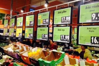 Coș de cumpărături gol într-un supermarket, simbolizând impactul inflației și costul ridicat al traiului decent în România.