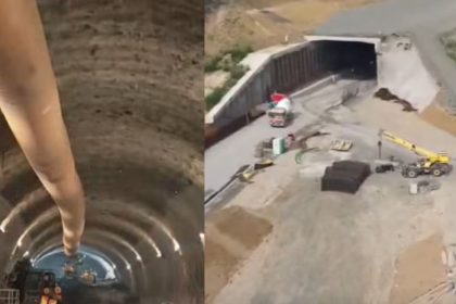 Utilaje grele și echipe de muncitori lucrând la cofrarea și turnarea betonului în interiorul unei galerii de tunel de pe autostrada A1 Margina - Holdea.